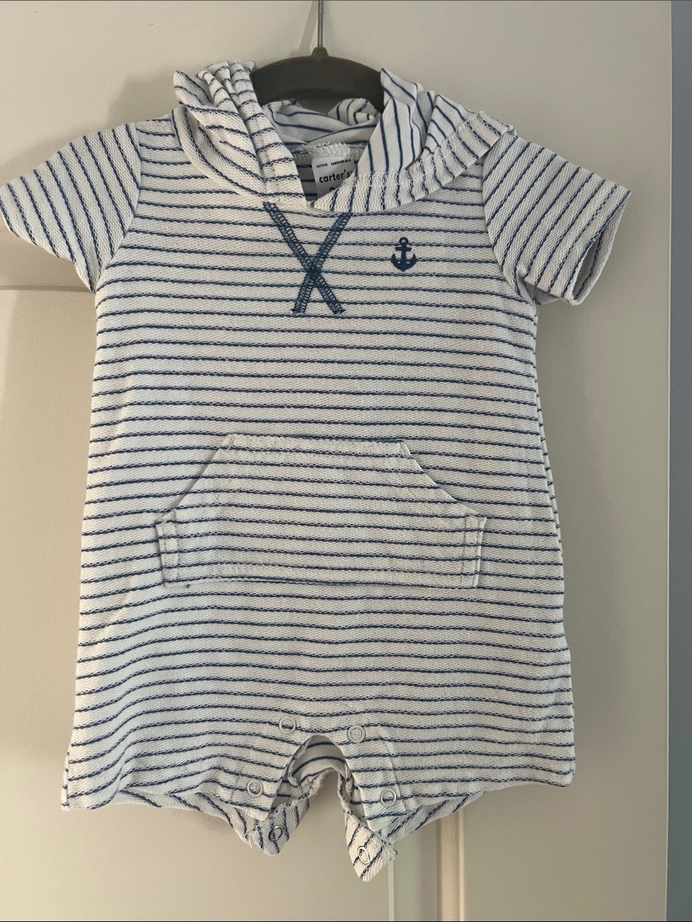 Carter's White and Blue Striped Hooded One-Piece Footie